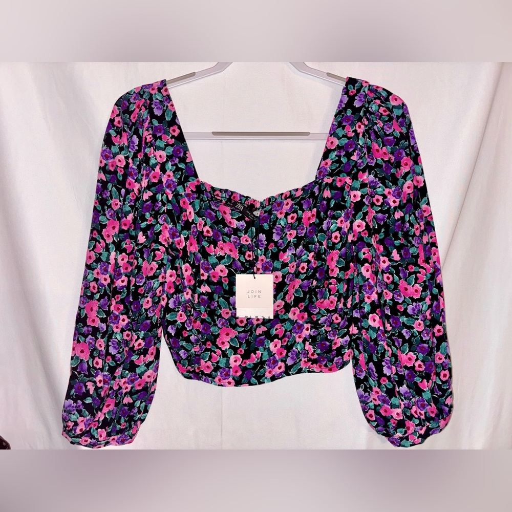NWT ZARA Women's M Floral Crop Blouse 3/4 Sleeve